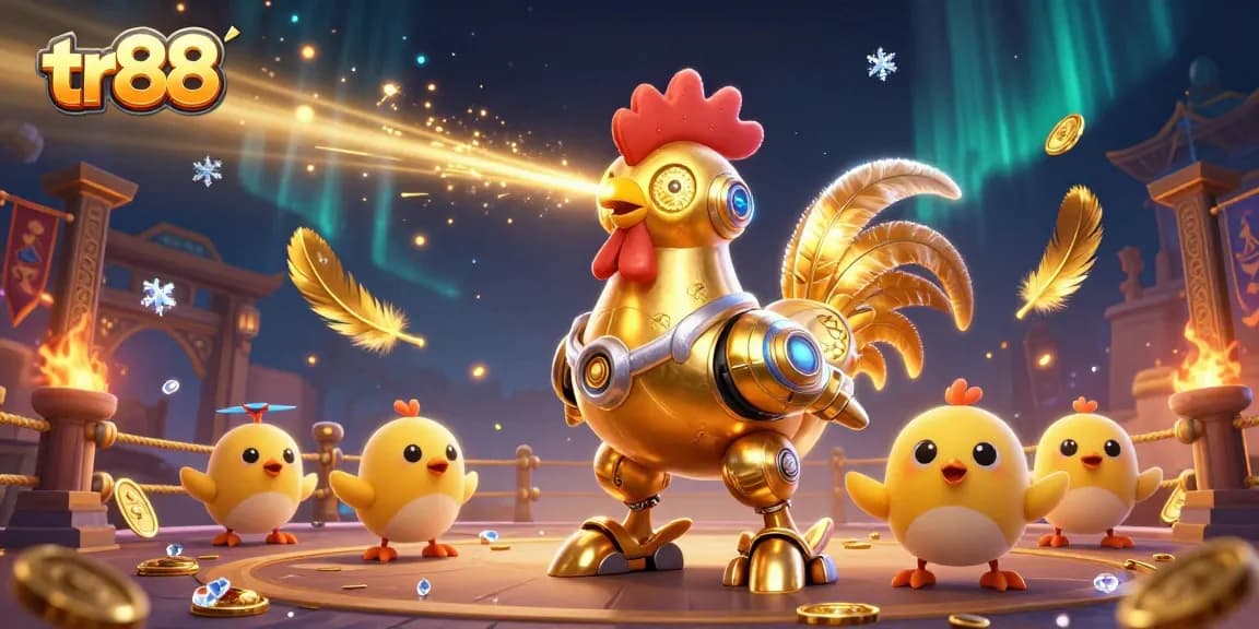 Experience the thrill of tr88 with a golden rooster robot and baby chick drones in an exciting casino scene!