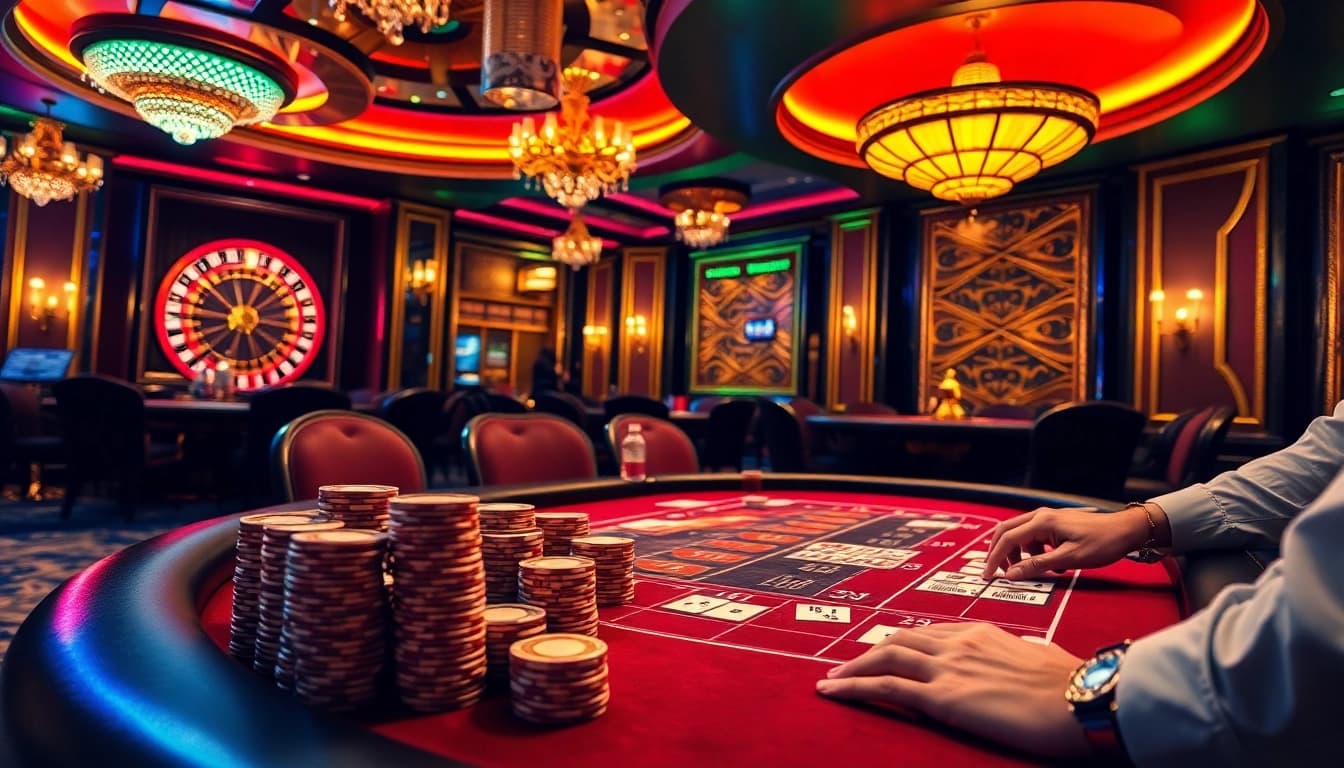 Players strategize at a poker table in a vibrant casino, enhancing the thrill of https://x88ni.com/.
