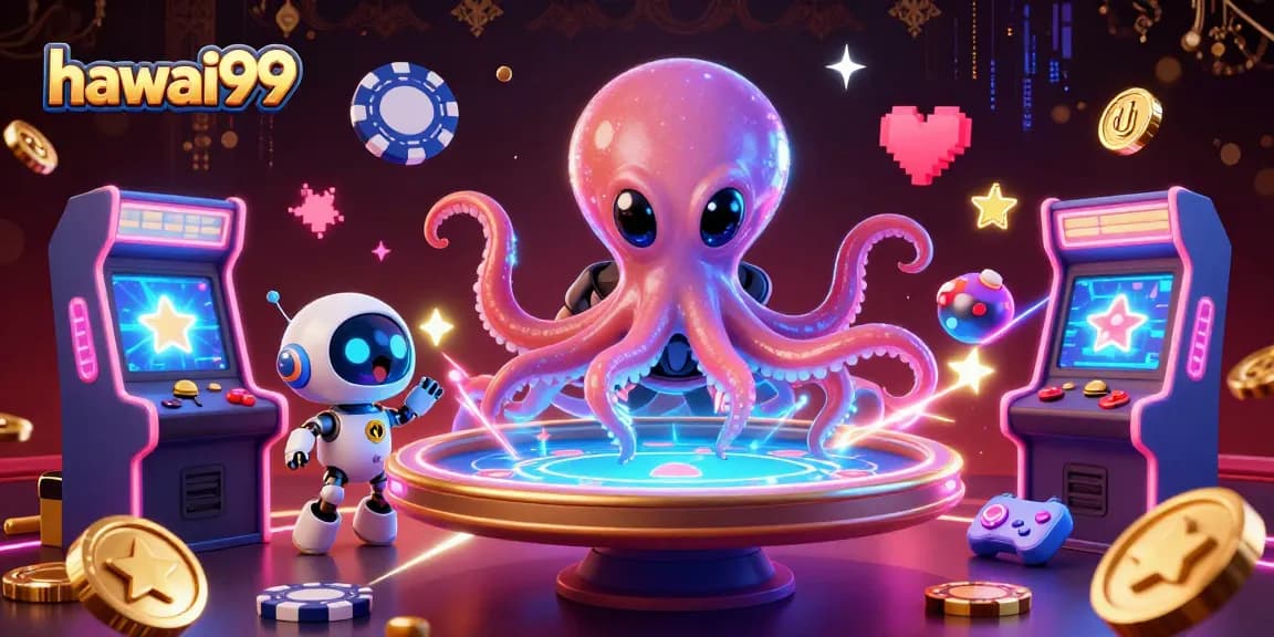 Engage in exciting gameplay with hawai99's interactive alien poker scene featuring holographic elements and colorful game machines.