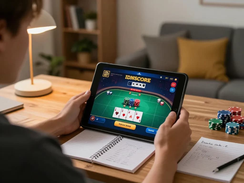 IDNSCORE player engaging in online gambling with tablet showing poker game interface, highlighting strategic gameplay.