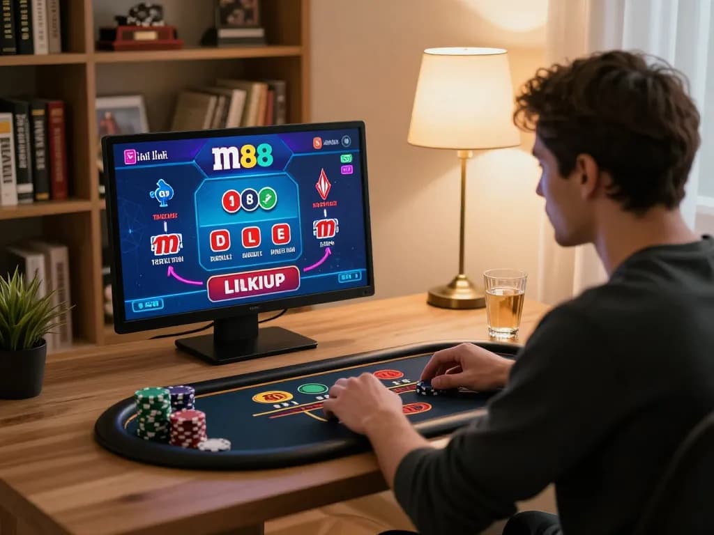 Pemain yang terlibat menjelajahi link m88 di tablet sambil menikmati blackjack dealer langsung di rumah.