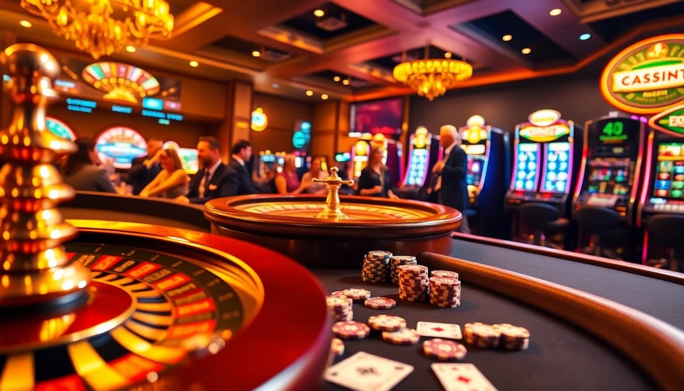 Situs11 players intensely strategizing at a vibrant casino table with roulette and poker elements.