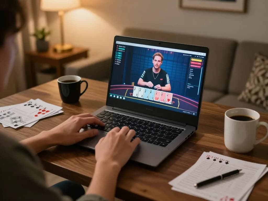 Player engaging in blackjack on lc88's online platform, showcasing strategic gameplay in a cozy home setting