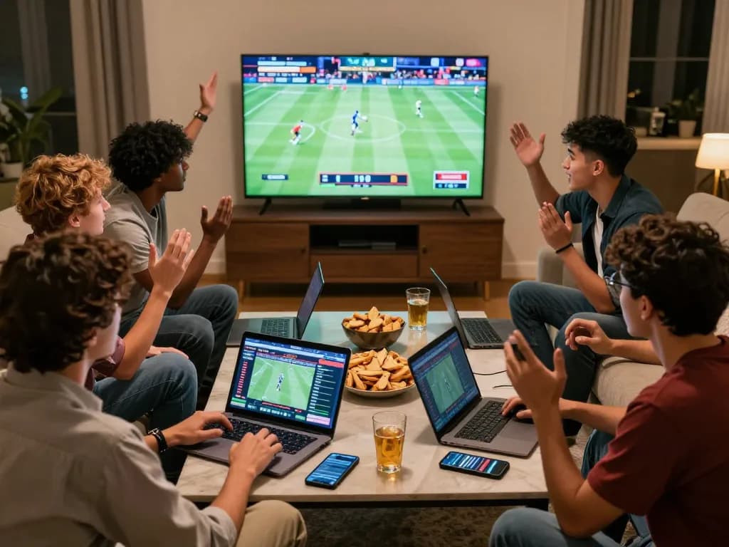Friends enjoying kèo nhà cái sports betting night with lively discussions and multiple devices engaged.