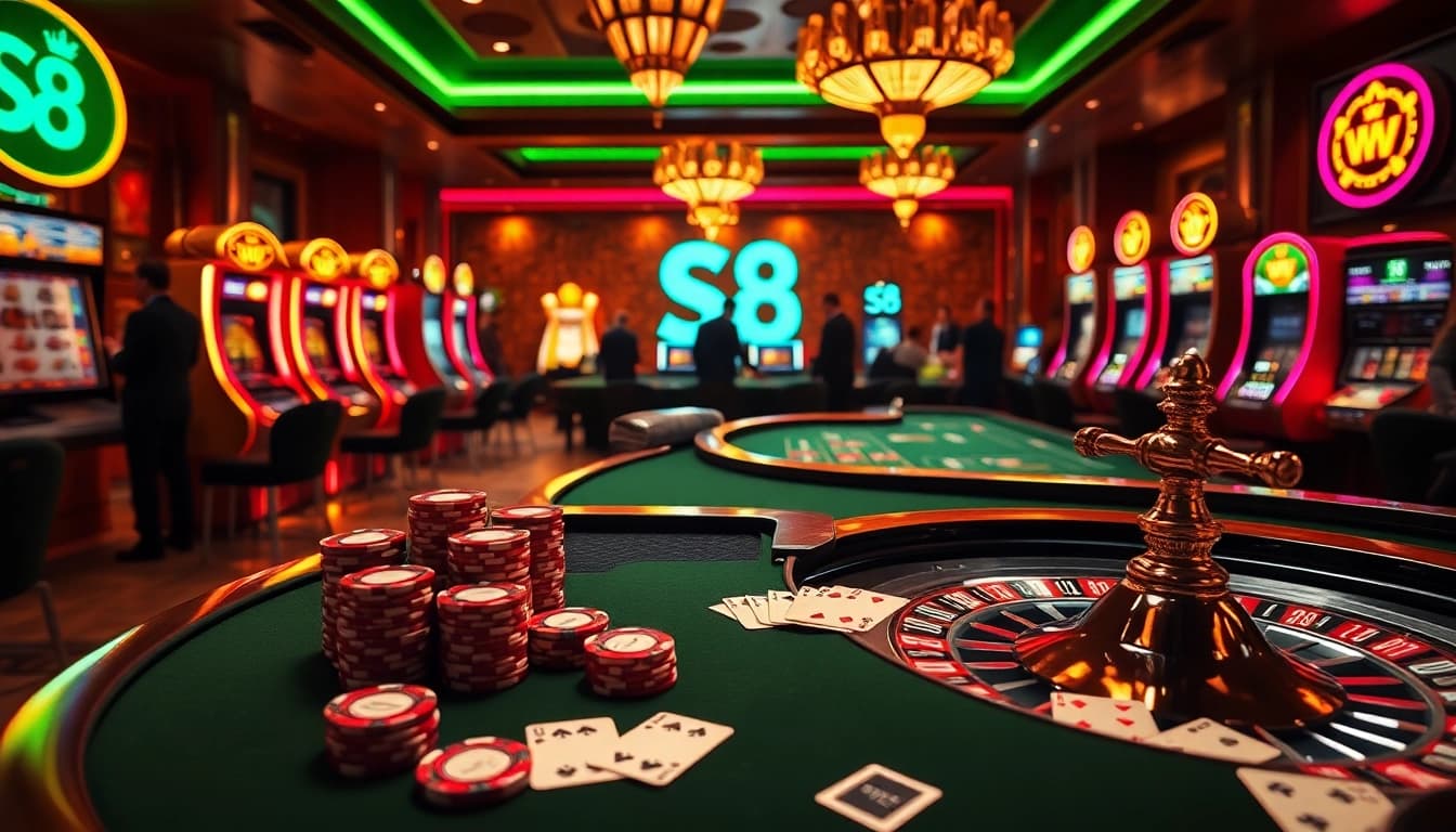 Experience a thrilling S8 casino gaming atmosphere with poker chips and roulette wheels.