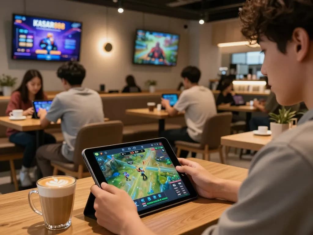 Kaisar 888 patrons enjoy interactive gaming and coffee in a modern cafe setting