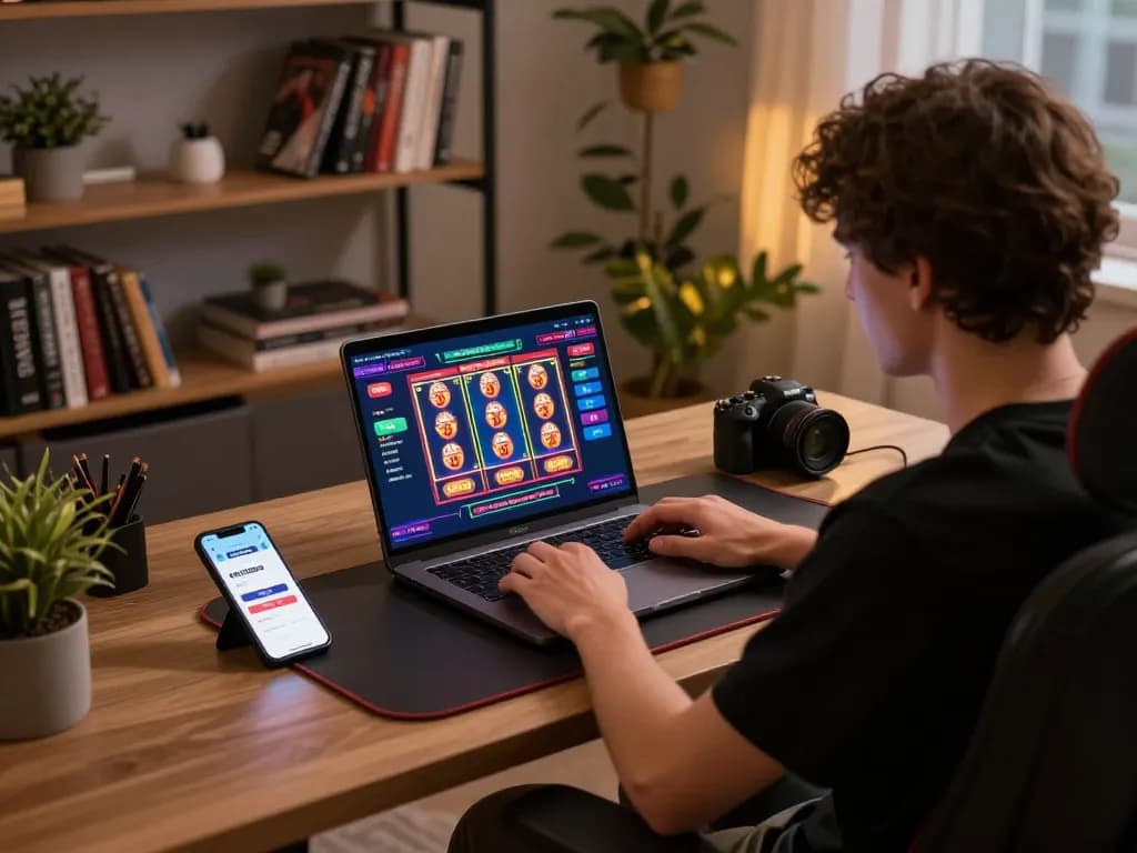 Engaging in online gambling using the KENZOBET login interface on a laptop in a cozy setup
