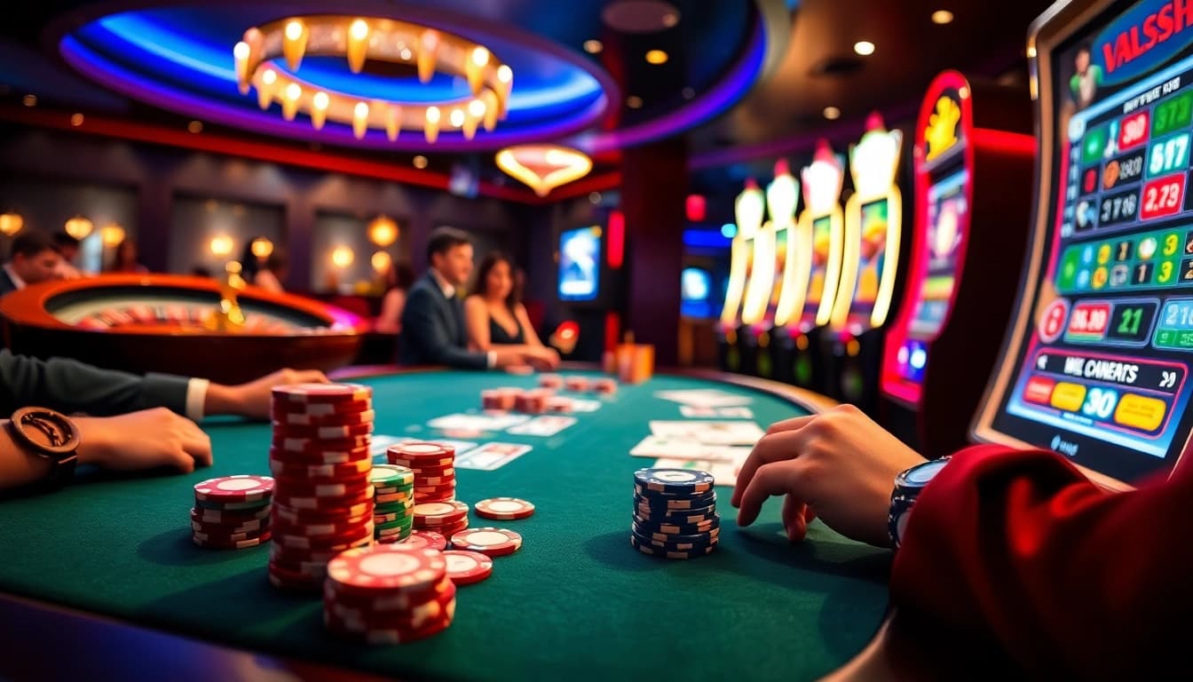 Engaging scene of gamers at a poker table showcasing nhà cái lc88 in a luxurious casino atmosphere.