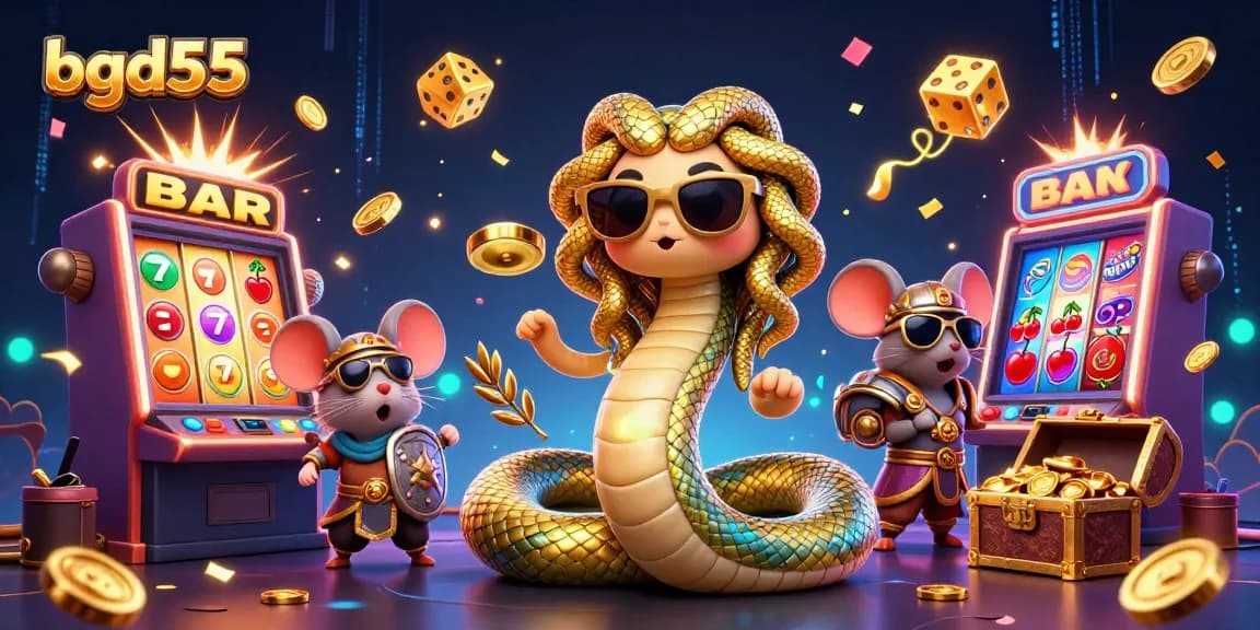 Engage in thrilling slots action at bgd55 with Medusa and a warrior amidst jackpot explosions and vibrant casino graphics.