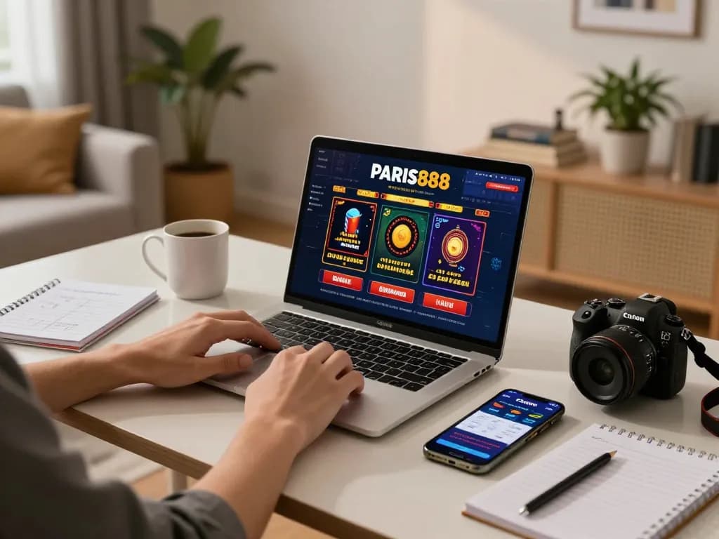 Bermain game online di apartemen nyaman dengan antarmuka kasino paris888 terlihat di laptop.