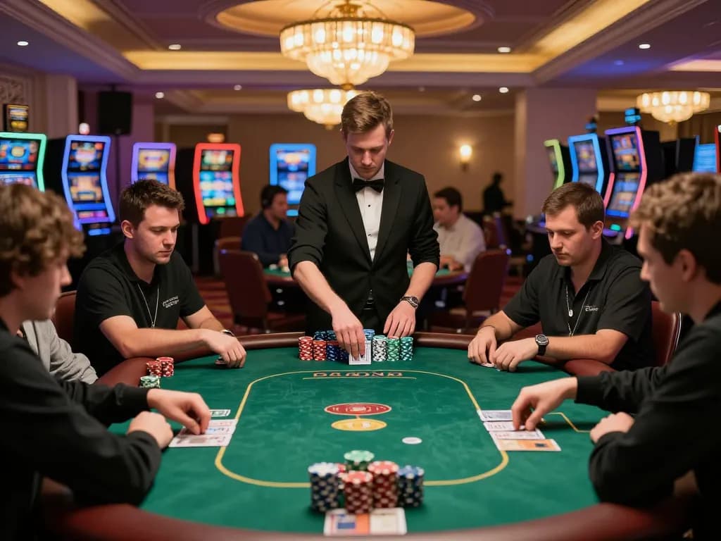 VA88 players engaging in an intense poker tournament on a vibrant casino floor.