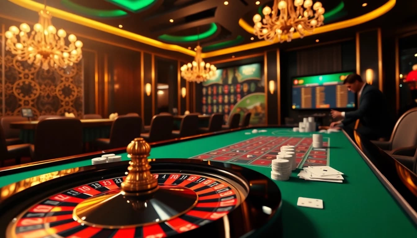 Capture the excitement of gambling with a dynamic scene representing https://c168.works/ featuring poker chips and a roulette wheel.