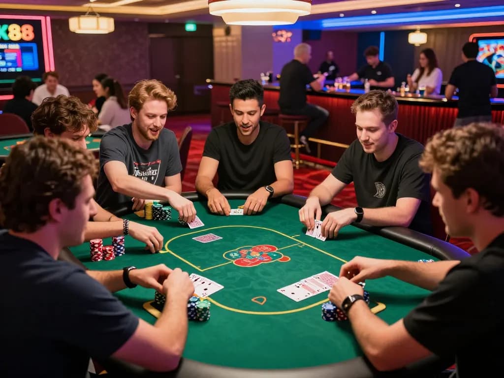 Engaged players enjoying an exciting NK88 casino poker game amidst vibrant neon lights.