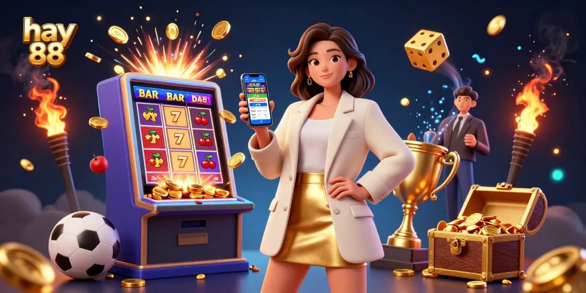 Join the excitement at hay 88, where a vibrant Asian woman engages with a sports betting app amidst jackpot thrills and golden treasures.