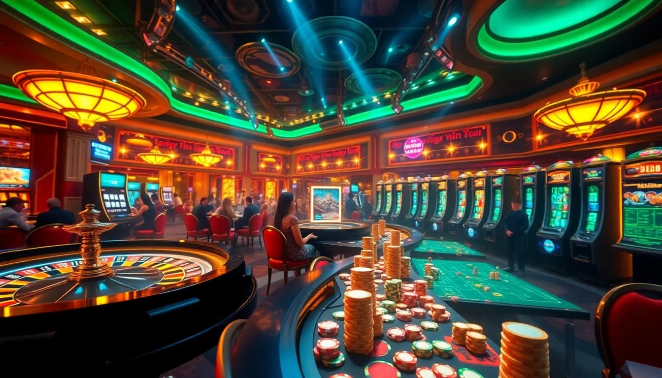 Experience the excitement of Dominoqiu with vibrant casino visuals showcasing poker chips and roulette tables.