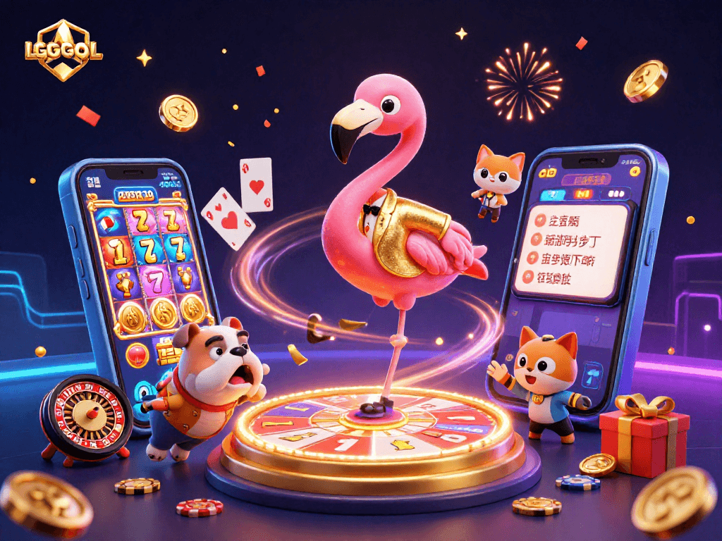 Experience thrilling moments with LGOGOAL as cartoon characters celebrate jackpot wins in a vibrant casino scene.