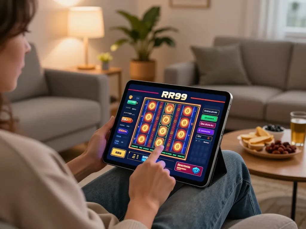 Playing RR99 on a tablet during a cozy home gaming session.