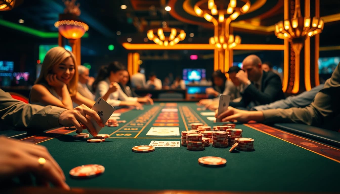 Buntogel permainan kasino dengan pemain bersemangat di meja taruhan.