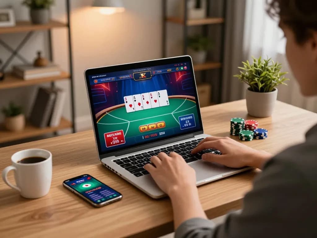 Person engaging in online gambling on trang chủ 23win with poker gameplay displayed on laptop.