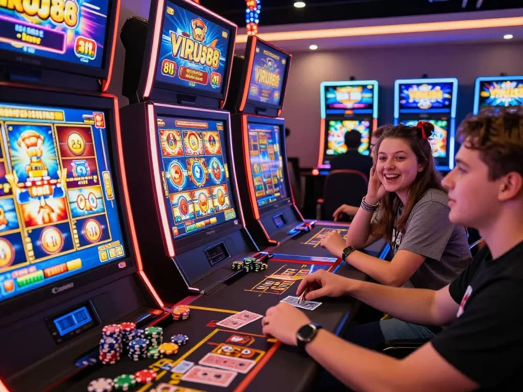 Suasana permainan slot online VIRUS88 yang mengasyikkan menampilkan beragam pemain di mesin slot yang berwarna-warni.