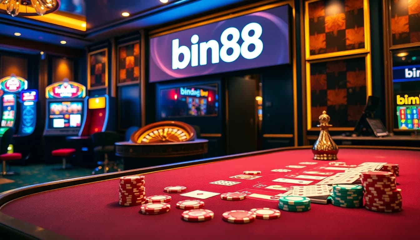 Experience the thrill of Bin88 with vibrant poker and roulette tables in an elegant casino.