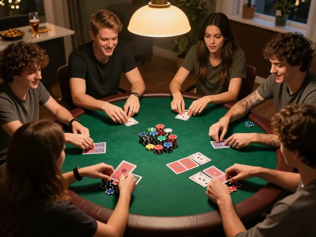 LIGA2000 poker game night with friends, chips stacked and cards visible in vibrant atmosphere.