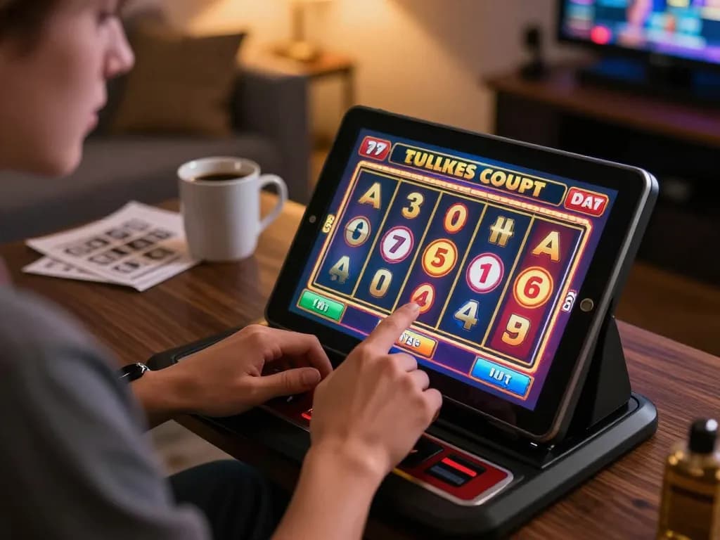 Engaging moment of online gaming with the situs slot gacor showcased on a vibrant tablet, emphasizing responsible gambling.