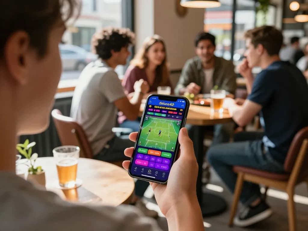 Terlibat dalam taruhan olahraga dengan aplikasi deluna4d di meja kafe yang ramai, menampilkan kegembiraan mobile.