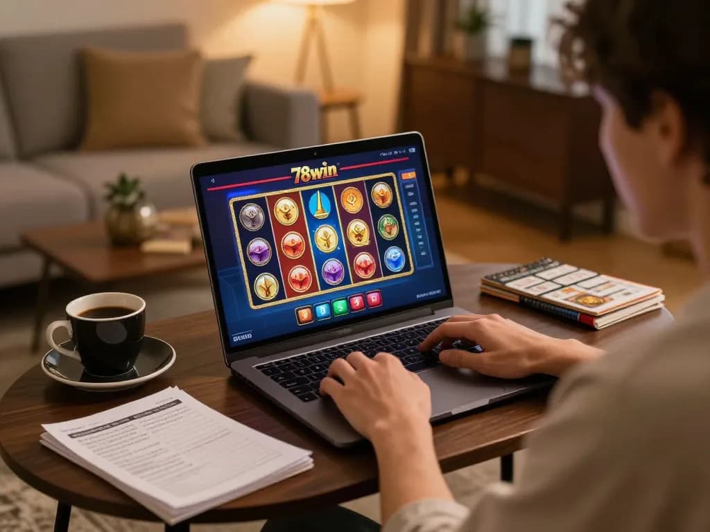 Player enjoying their gaming experience on 78win with a laptop showing vibrant casino games