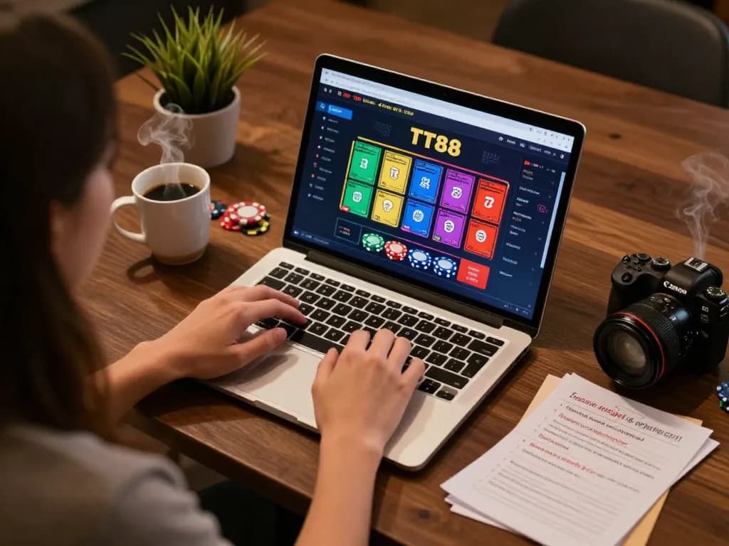TT88 online casino user engaging at home with a laptop and strategy notes