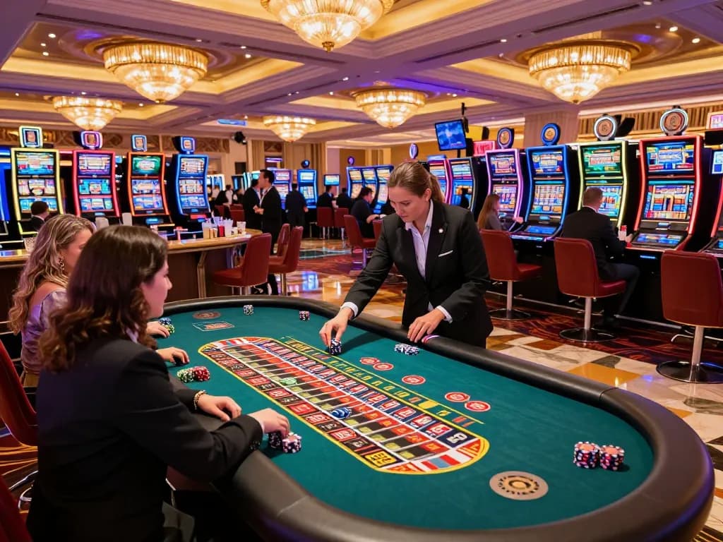 Engaged players at SC88 brand roulette table in a vibrant Las Vegas casino atmosphere.
