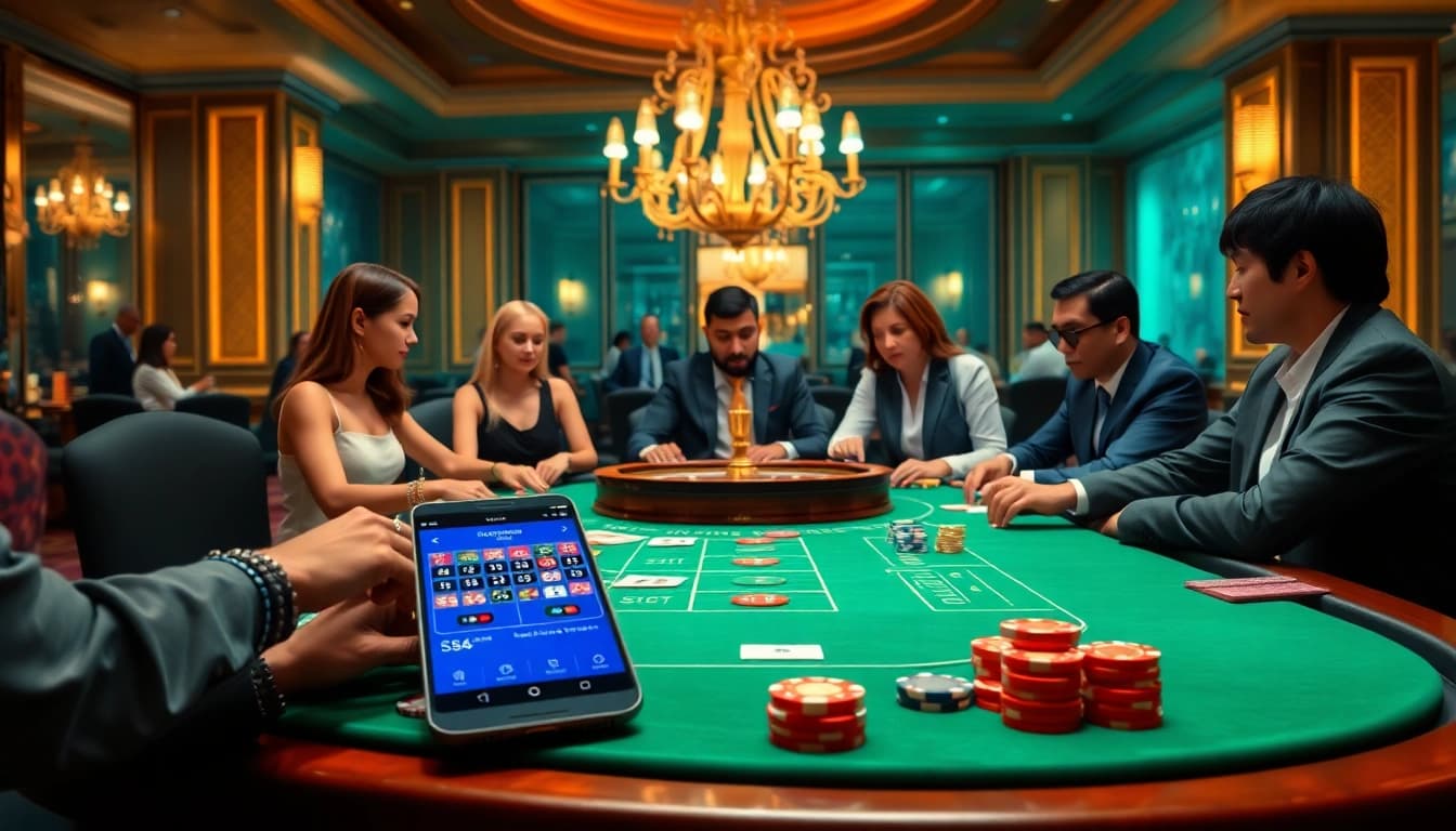 The S8 smartphone showcases an online gambling interface amidst a luxurious casino table with poker chips and cards.