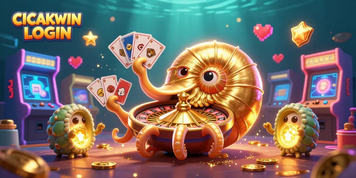 CICAKWIN LOGIN initiates fun with a vibrant gaming experience featuring a golden spiral roulette and glowing ammonite companions.