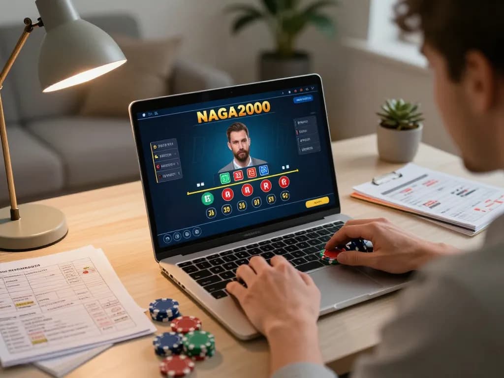 NAGA2000 player engaging in live dealer blackjack at home, focused on gameplay strategy