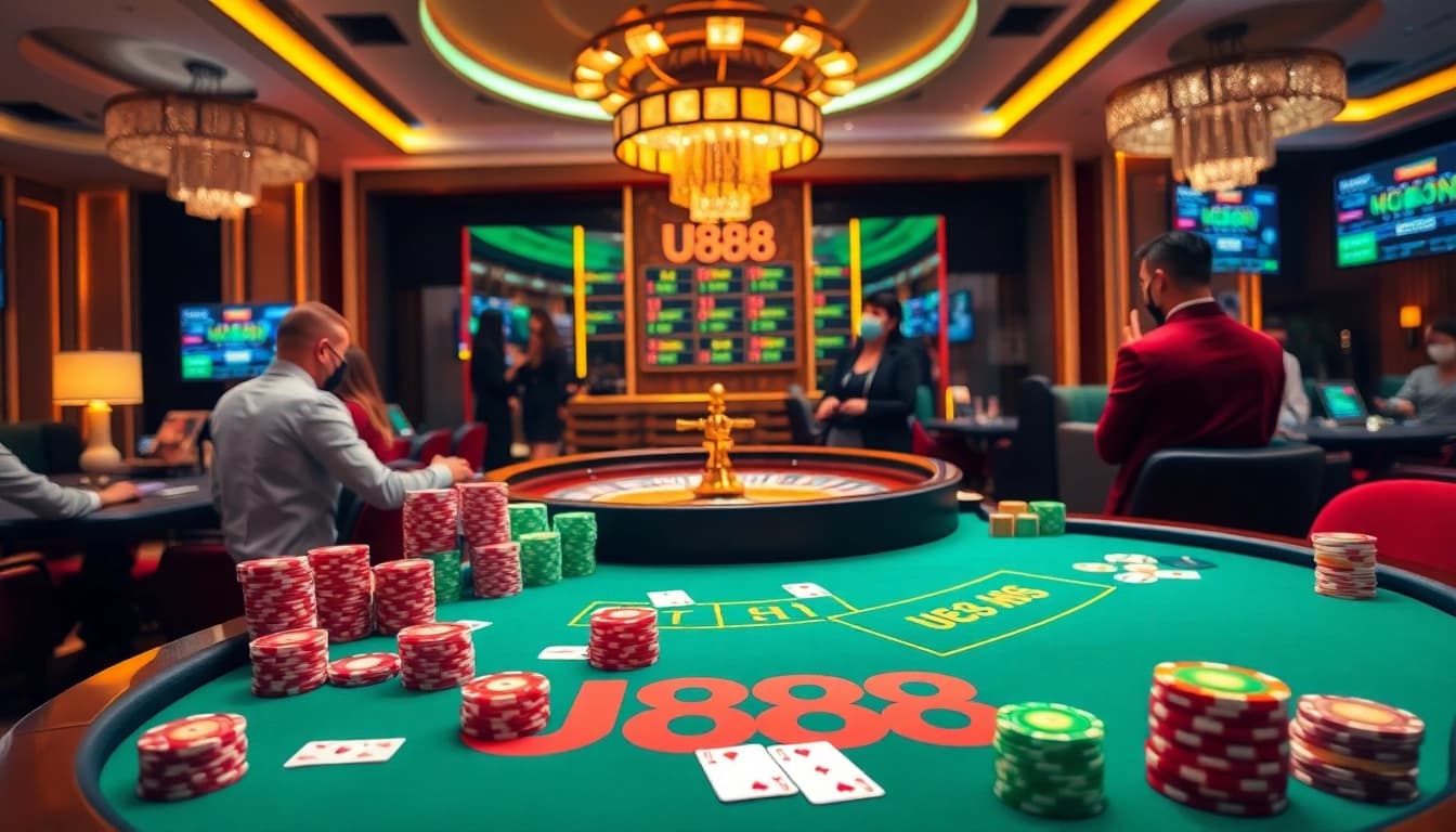 U888 gaming table showcasing colorful chips and a live dealer in an engaging casino environment.