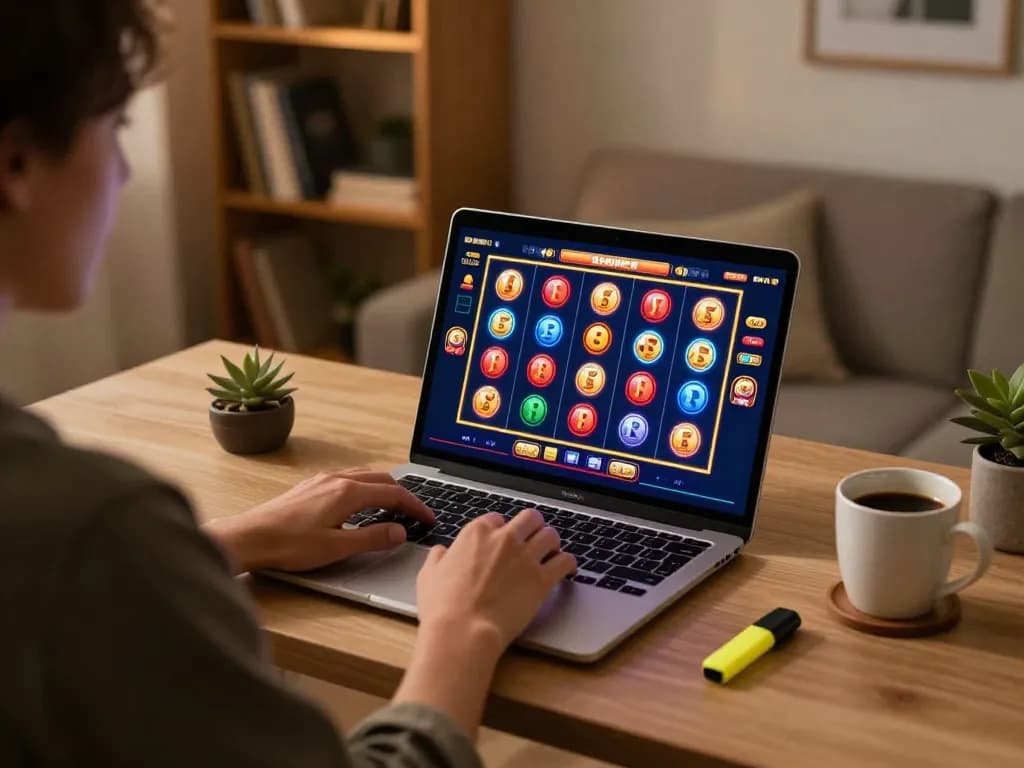 Engaging player enjoying online slots at IDCASH88 with colorful game interface in a cozy home office setting.