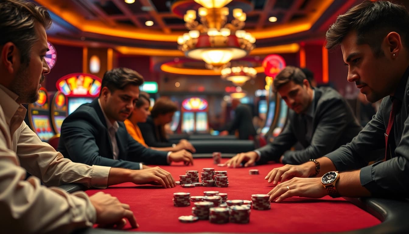 tkp188 bermain poker di kasino dengan ekspresi serius dan cahaya dramatis