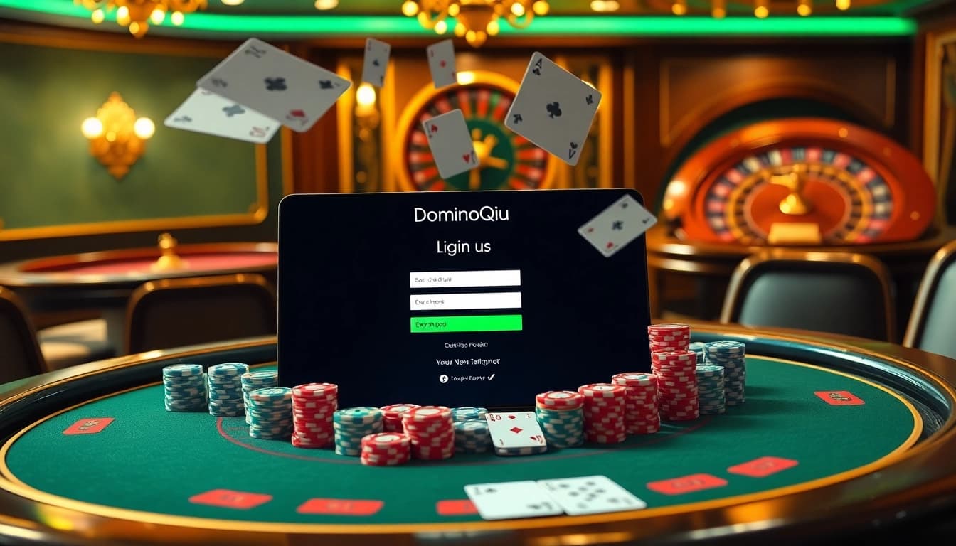 Play exciting online poker on Dominoqiu with vibrant casino tables and colorful poker chips.