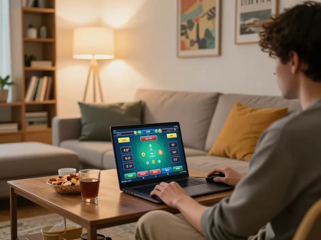 A person engaging in tài xỉu online gameplay on a laptop in a cozy living room with snacks and buzzing ambiance.