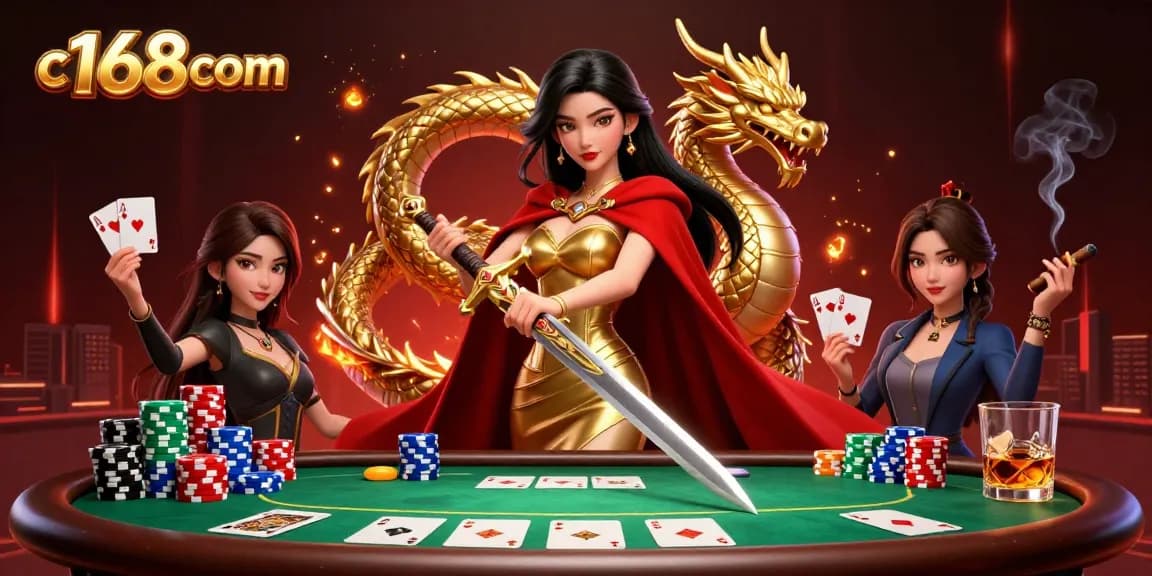 Engage with thrilling action at c168com featuring a warrior queen and golden dragon at a vibrant poker table.