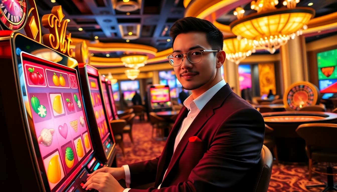 Engaging scene at a casino showing excitement and luxury while showcasing link slot pulsa.