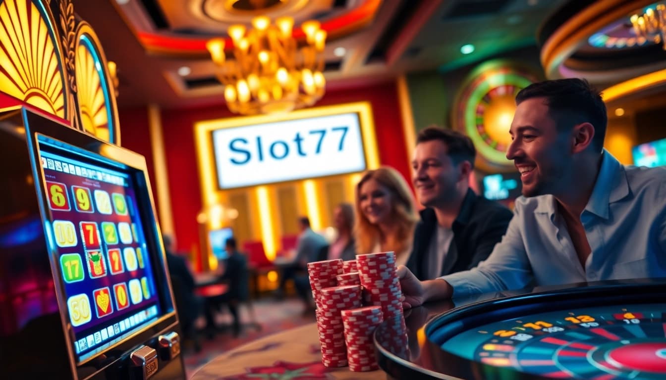 Engaging in slot777 login at an exciting casino scene with vibrant elements and lively atmosphere.