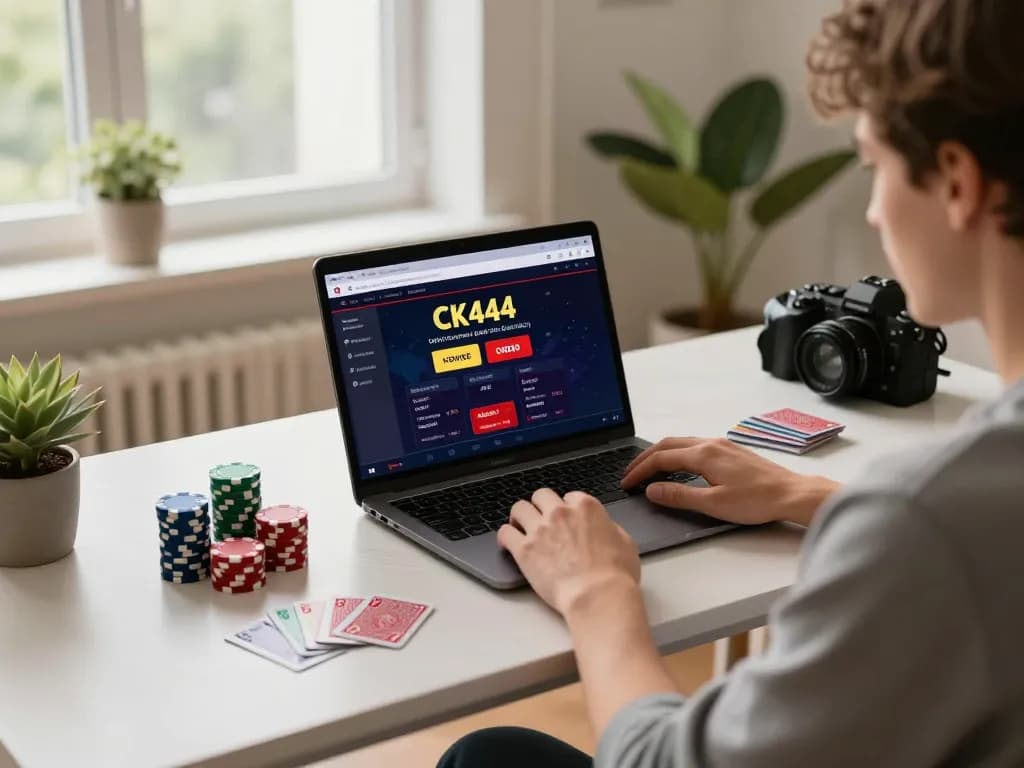 Player engaging in online CK444 gaming at a stylish home desk, showcasing laptop interface and poker chips.