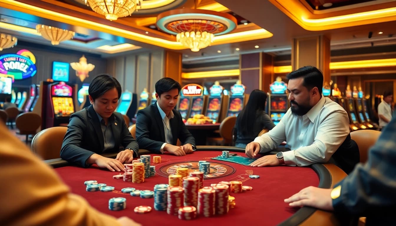 The excitement of poker at 8KBET with vibrant chips and players at a luxurious casino table.