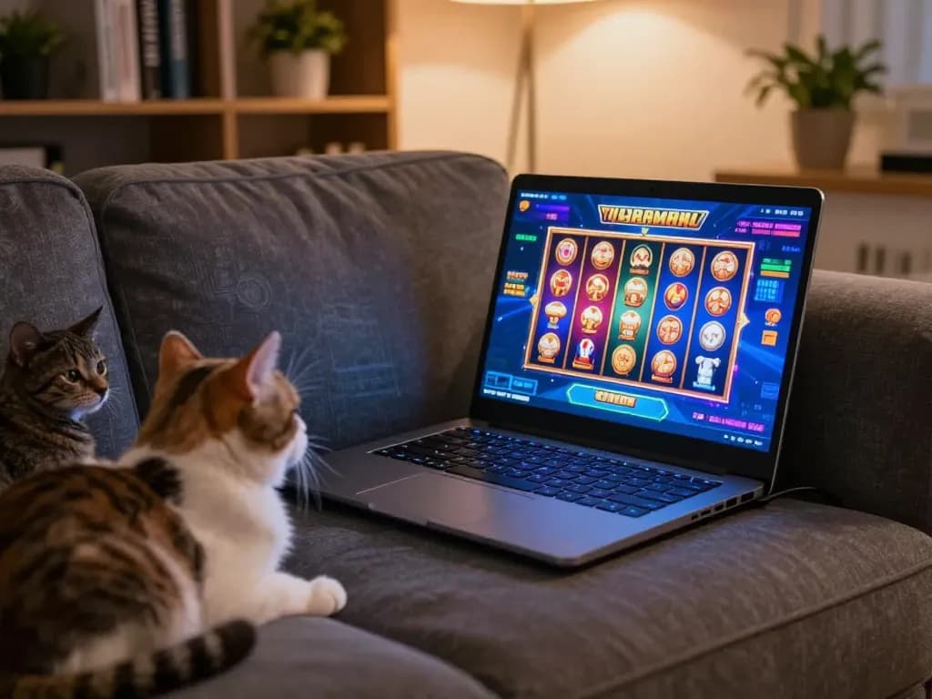 Engaging in exciting gameplay at home on a laptop featuring link gacor slots, enhancing online gambling experience.