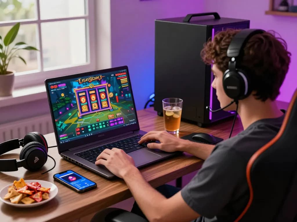 Engaged user playing Liga Sedayu online gaming on a laptop with vibrant graphics and snacks.