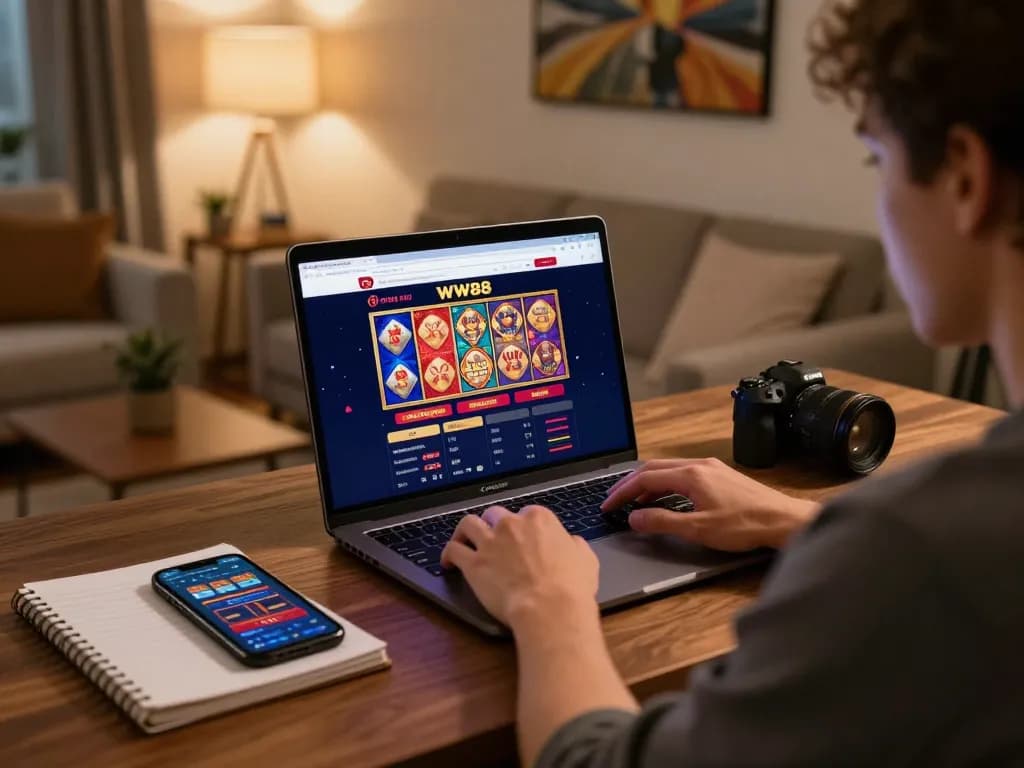 Engaging scene of a player exploring the WW88 casino website on a laptop, with detailed gambling notes beside.