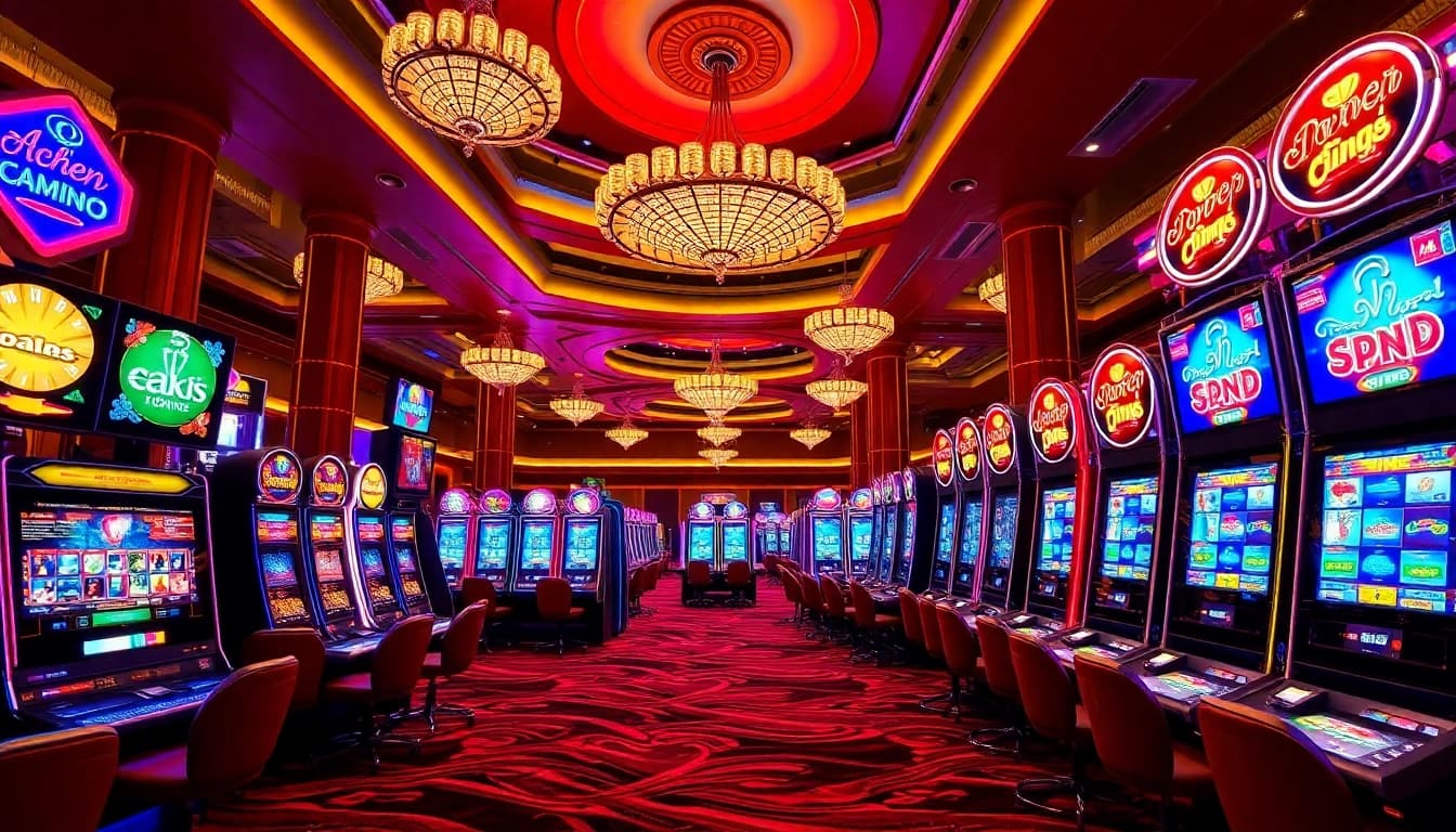 Enjoying a slot demo experience with vibrant machines and engaging features in a luxurious casino setting.