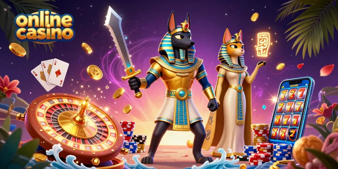 Engage with the vibrant online casino scene showcasing Anubis and Bastet amidst sparkling gems and casino elements.