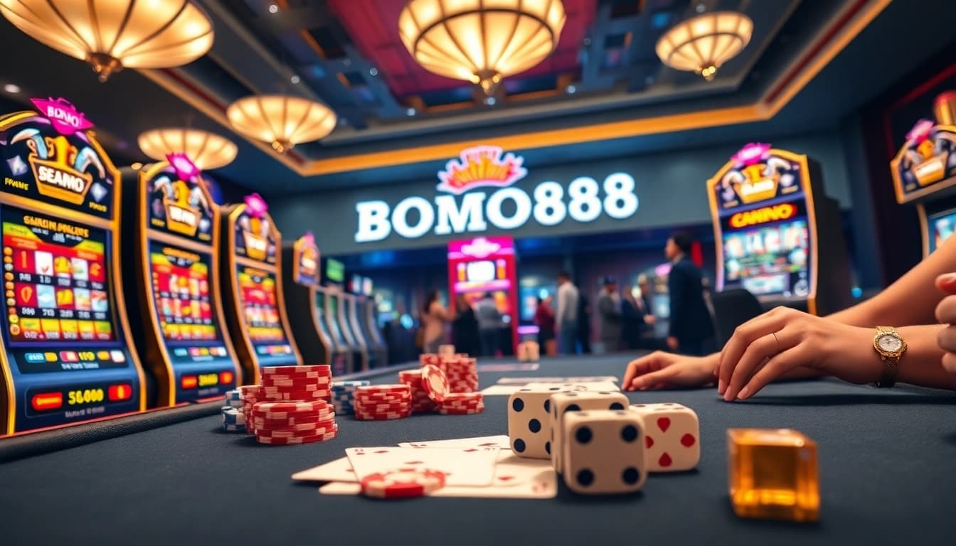 BROMO888 players engaging with casino tables and colorful slot machines for thrilling gaming experiences.